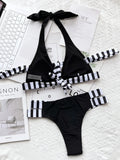 New Sexy Bikini Women Swimwear Swimsuit Striped Patchwork Hollow Halter Knotted High Waist Bikinis Set Bathing Suit Beach Bikini