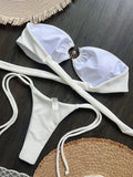 New Bather Bathing Suit Swim Wrinkled Bandeau Metal Ring Thong Bikini Women Swimwear Female Swimsuit Two-pieces Bikini set