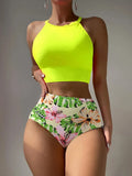 2026 High Waist Bikinis Women High Neck Swimsuit Floral Swimwear Female Bathers Bathing Swimming Suit Summer Beachwear