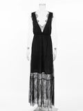 Sexy Deep V-neck Sleeveless Lace Dress Streetwear Women 2026 Backless Tunics A-line Party Dresses Long Maxi Robe Black White