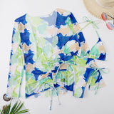 DEKA Sold Triangle Bikini Set Blouse Swimsuit Women Printed Halter Swimwear Cover Up Beach Wear 3 Pieces Sheer Bathing Suit