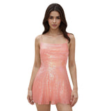 Women Sexy Solid Color Shiny Sequins Mini Dress Summer Sleeveless Backless A-Line Dress for Party Cocktail Beach
