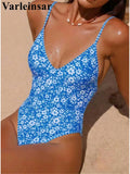S - XL Flower Floral V Neck One Piece Swimsuit Women Swimwear Female Monikini High Cut Leg Padded Bather Bathing Suit Swim V8079