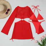 Women micro mini halter bikinis sets 3pcs with knitted long sleeve hollow out mini dress swimsuit bathing suit beach outfits