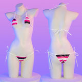 Summer Swimwear Japanese Kawaii PU Leather Micro Bikini Set Women Swimsuit Stripes Bra Set Sexy Lingerie Underwear Costume