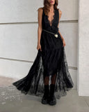 Sexy Deep V-neck Sleeveless Lace Dress Streetwear Women 2026 Backless Tunics A-line Party Dresses Long Maxi Robe Black White