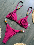 Sexy Pearls Strap Hole Out Micro Bikini Women Brown Knitted Push Up Bra Thong Swimsuit Summer Bathing Suit Holiday Swimwear 2026