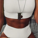 4 Colors Bikini Women Solid High Waist Swimwear Swimsuit Buckle Design Female Beach Bikinis Set Bathing Suit Bikini Taille Haute