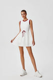 Summer Round Neck One-piece Tennis Dresses for Women White Contrast Sleeveless Drawstring Built-in Shorts Fitness Pleate Skirt