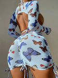 Long Sleeve Printed Halter Bikini Female Swimsuit Women Swimwear Four-pieces Bikini Set with Mesh Skirt Bathing Suit Beach Wear