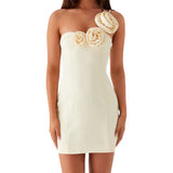 Women's Summer 3D Flower Mini Dress One Shoulder Spaghetti Strap Solid Color Slim Fit Dresses Party Clubwear