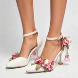Small Big Size 32-46 Women's Elegant Pink Flowers High Heels Sandals Summer Sexy Pointy Toe Party White Wedding Sandals Shoes