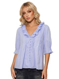 Women's Summer Blouse Solid Color Ruffle Flounce V Neck Short Sleeve Button Down Tops Casual Loose Shirts