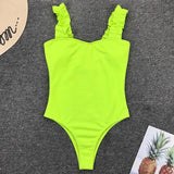 Ribbed Ruffled Frilled Trim Female Swimwear One Piece Swimsuit Women Monokini High Leg Cut Bathing Suit Swim Bodysuit Beach Wear