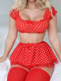 Women's Polka Dot Shoulder Revealing Puffy Skirt Set Sexy Lace Top Skirt Thongs Underwear Suits Mesh Perspective Exotic Sets