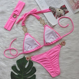 Halter Rhinestones Diamond Bikini Women Swimsuit Female Swimwear Three pieces Bikini Set Brazilian Hairband Bathing Suit Swim