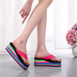 Women's Rainbow Color Platform Flip Flops Summer Thick Sole Lightweight Slip-on Wedges Sandals Girls Beach Slippers