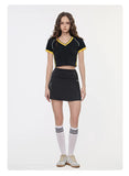Hot girl top V-neck exposed navel contrasting color splicing clothes women's street short-sleeved T-shirt