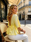 2026 Summer Women's Peplum Tops Casual Elegant Stylish Bow Backless Loose Shirts Crew Neck Elbow Sleeve Blouse