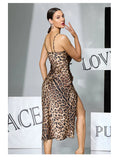Women Sexy Leopard Print Slip Nightdress Removable Padded Drawstring High Slit Midi Nightgown Loungewear
