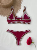 2026 Women Swimsuit Elegant Wine Red Bikini Set with Unique Braided Trim Perfect for Beach Wear and Pool Parties Summer Getaways