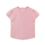 Women's Fashion Casual Puff Sleeve Casual Top Pink Puff Sleeve Knit Top Round Neck Ribbed Back Zipper Casual Style T-Shirt 60BW