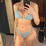 Glitter Sparkling Halter High Leg Cut Bikini Female Swimsuit Women Swimwear Two-pieces Bikini set Bather Bathing Suit Swim V5501