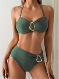 S - XL Metal Ring Halter Female Swimsuit High Waist Bikini Women Swimwear Two-Pieces Bikini Set Bather Bathing Suit Swim V6933