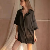 Spring Summer Cute Nightgown Women Chiffon Shirt Boyfriend Style Underwear Night Dress Loose Thin Solid Ice Silk Sleepwear