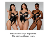 Black PU Leather Mesh Bodysuit for Women Hollow Out Open Crotch Teddy Lingerie Push Up One Piece Jumpsuit Underwear as Outerwear
