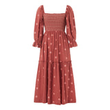 Women Spring Fall Long Dress Long Sleeve Dress Square Neck Embroidery Flower Loose Swing Dress Wit Pocket