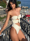 Sexy 3D Flowers Bandeau Monokini Hollow Out Female Swimwear One Piece Swimsuit Women High Cut Bathing Suit Swim Lady Beach wear