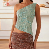 Women's Summer Beaded Sequin Flower Tank Tops Solid Stylish Sparkly Glitter Off One Shoulder Slim Vest Streetwear