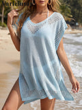 7 Colors Short Sleeve V Neck Crochet Knitted Tunic Beach Cover Up Cover-ups Beach Dress Beach Wear Beachwear Female Women V8267