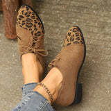 New Patchwork Loepord Pointed Toe Shoes for Women Retro Fax Suede Lacing Pumps Woman Shallow Square Heel Single Shoes Mujer