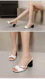 Summer New Fashion Open Toe Solid Color Simple Leather Surface Versatile Color Large Slippers Square Heel Shoes Women