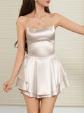 Women Solid Color Cami Playsuits Cowl Neck Sleeveless Short Jumpsuits Summer Cross Tie-Up Backless Satin Romper Clubwear
