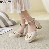 Girls Women 2026 Lolita Square Heeled Leather Single Shoes White Bow Lolita Mary Janes Summer Buckle Strap Sandals Dress Shoes