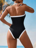 Sexy Black White Patchwork Swimwear Women 2026 Bandeau Slim Tummy Conrtol One Piece Swimsuit Beach Bathing Suit Holiday Monokini