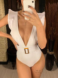 New Sexy Ruffled White Deep V One Piece Swimsuit Women Swimwear Female With Belt Monokini Bather Bathing Suit Swim Lady V2198
