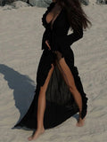 Women's V Neck Ruffled Long Sleeve Dress Chiffon Tunic Beach Cover Up Cover-ups Beach Dress Sunscreen Beachwear Vacation V5976B