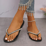 Summer Beach Pearl Decor Flip Flops Women Fashion Black Flat Clip Toe Slippers Female Plus Size Non Slip Pu Leather Slides Mujer