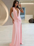 FDYOUI 2026 Summer Deep V-neck Hollow Out Long Maxi Evening Dress Women Chic Backless High Slit Ruched Solid Party Club Dresses