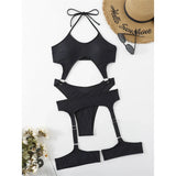 Sexy Tummy Cut Out Halter With Garter One Piece Swimsuit Women Swimwear Female High Leg Cut Bather Bathing Suit Swim Lady V4415