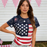 Women's 4th of July American Flag T Shirt Stylish Star Print Short Sleeve Round Neck Tops for Daily Wear