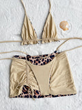 2026 Summer Leopard Print 3 Pieces Suit Swimwear Reversible Sexy Halter Lace-up Bikini Set Drawstring Skirt Cover Up Beachwear