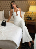 FDYOUI Elegant Chic Halter Hollow Out Bodycon Evening Dress for Women 2026 Summer Backless Sleeveless Long Wedding Party Dresses