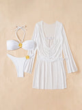 sexy white bandeau metal flower bikinis sets 3pcs with mesh long sleeve wrinkled tie mini dress swimsuit bathing suit biquini