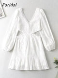 Foridol Waist Hollow Out V Neck Backless White Lace Party Dress Christmas Vestido Robe Ruffled Cotton Long Sleeve Autumn Dress