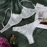 2Pcs Bra & Brief Set for Women Sexy White Ruffle Mesh Perspective Bow Patchwork Bra Bilizna Set Underwear Ultra Thin Intimate